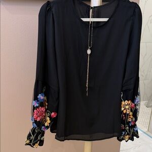 Black Blouse with Colorful Floral Embroidered Bell Sleeves